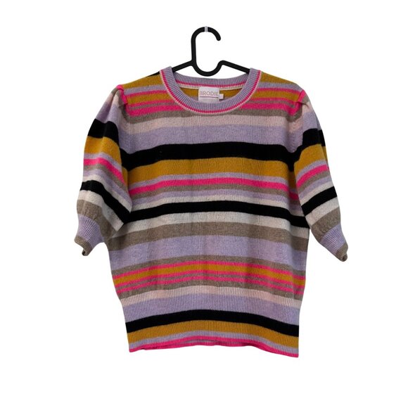 Brodie Multicolor Cashmere Striped Puff Short Sleeve Sweater Womens Large - Picture 1 of 5